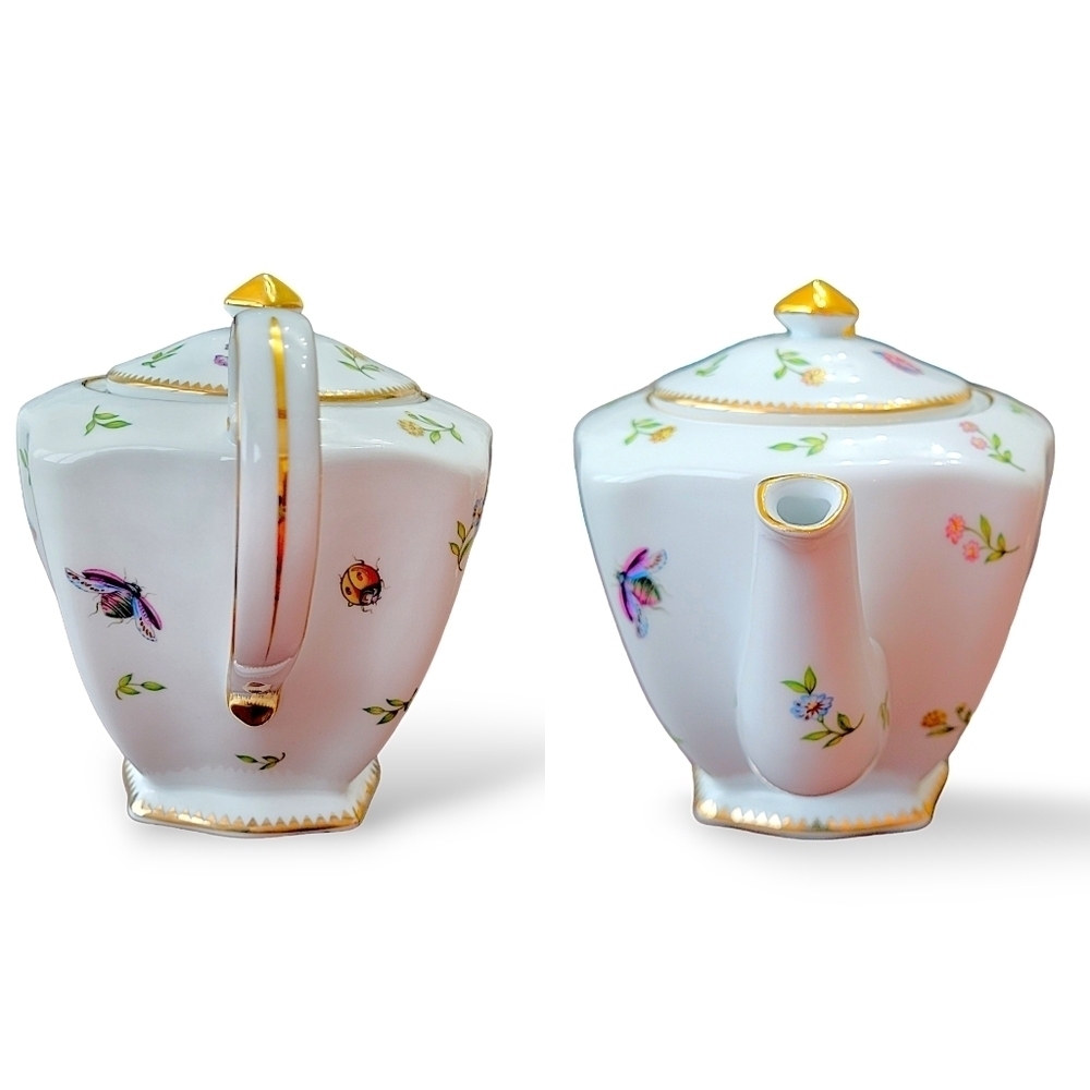 Godinger Primavera Square Teapot Dragonfly Floral Gold Trim Discontinued - Picture 3 of 8